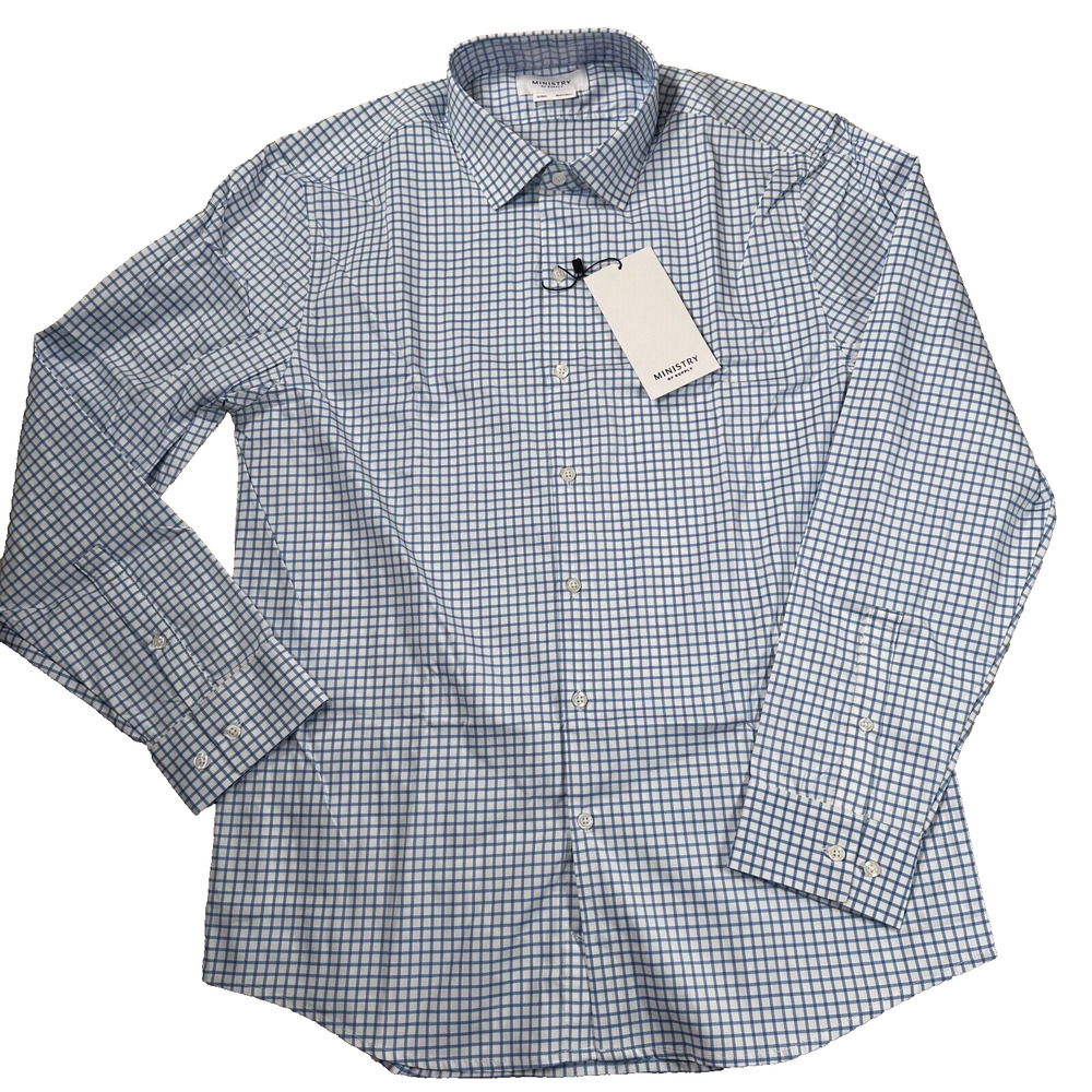 Ministry of Supply Blue and White Checkered Casual Button Down Shirt